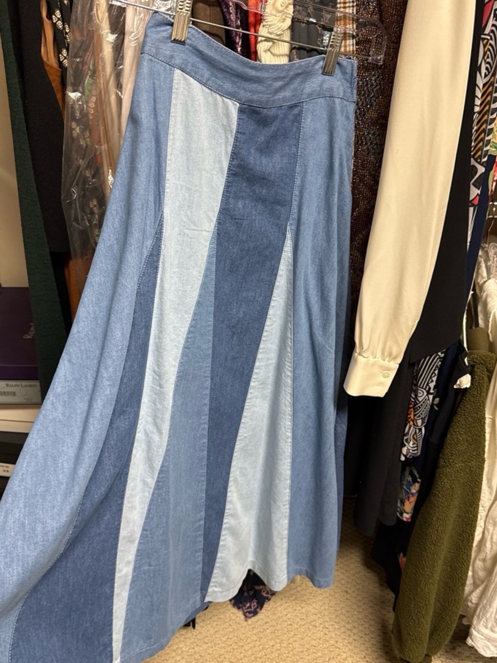Paneled Denim A-Line Maxi Skirt - Blue